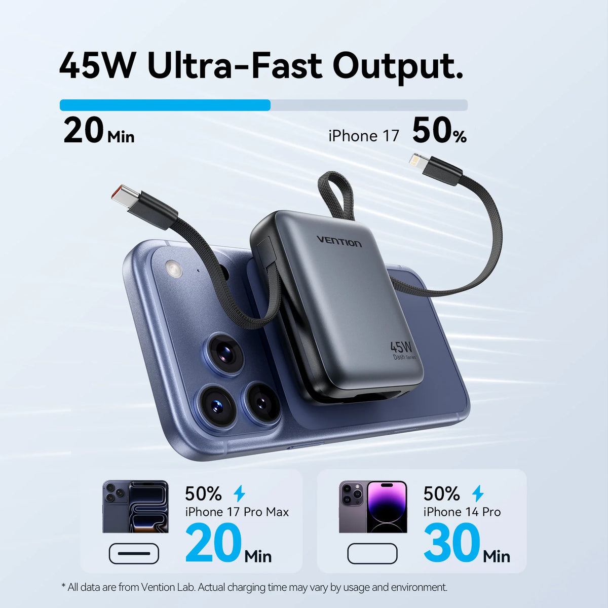 Vention 45W 10000mAh Power Bank Built-In USB-C Cable Portable Powerbank for iPhone 17 Samsung S26 Pocket-Sized Auxiliary Battery