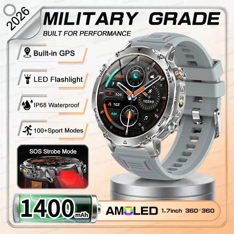 NEW Military 1400mAh Battery SmartWatch Men Outdoor LED Flashlight IP68 Waterproof Heart Rate SOS Bluetooth Call Sports Bracelet