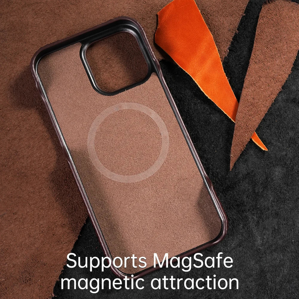 for Magsafe Case for iPhone 15 16 17 Pro Max Air 16Pro 17Pro Natural Cowhide Leather Magnetic Protector Luxury Phone Back Cover