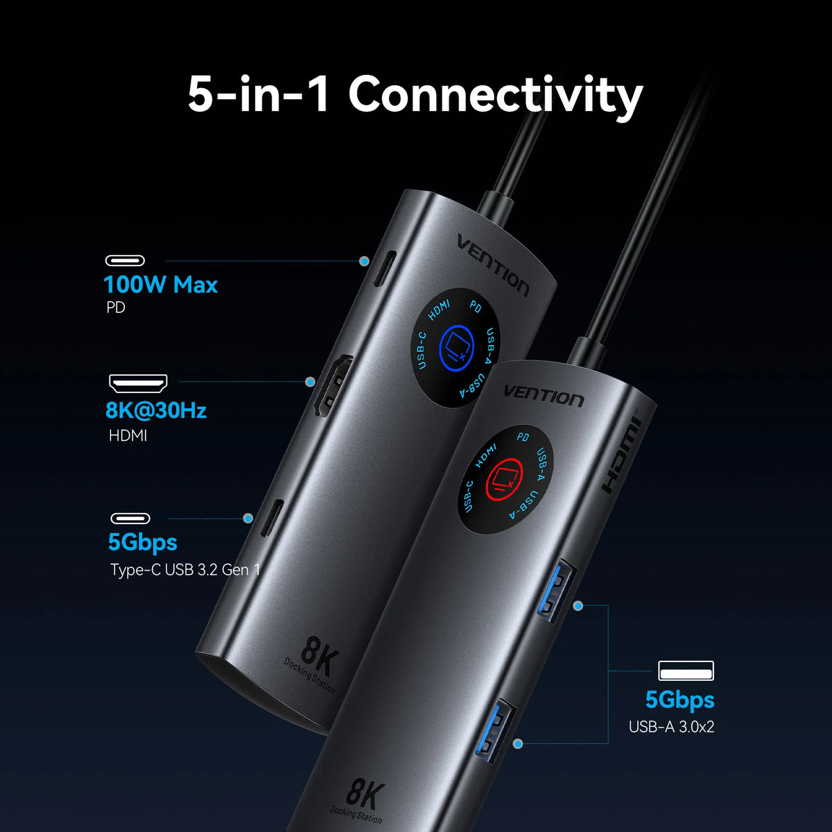 Vention 6 in 1 USB C 8K@30Hz HDMI HUB Smart Led Touch USB 3.0 Ethernet Adapter Docking Station for MacBook Lenovo HP iPad Laptop