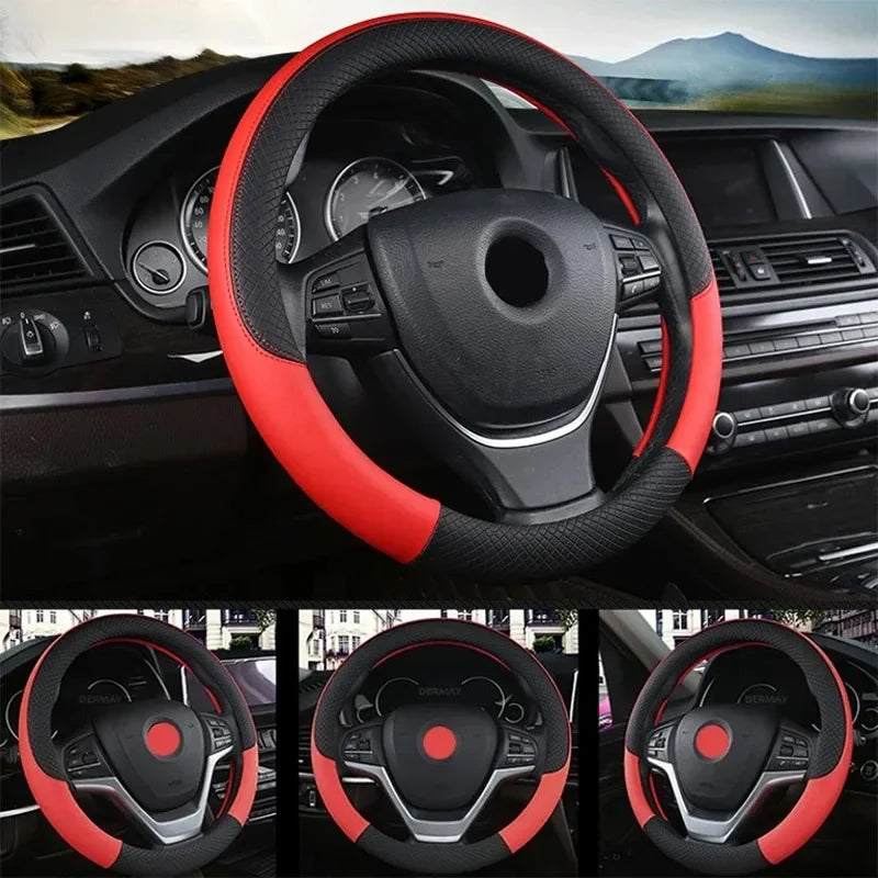 Perforated Nappa Leather Car Steering Wheel Cover Warm in Winter and Cool in Summer, Universal 15 Inch, Anti-Slip, Odorless