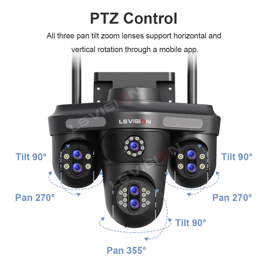LS VISION 35MP 10X Zoom Four Screens WiFi IP Camera Wireless Outdoor Seven Lens Three PTZ Camera Auto Tracking Security Camera