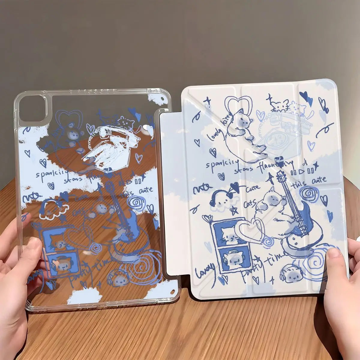 Korean Kawaii Blue Guitar Cat For iPad Pro Air 13 11 M5 M4 M3 M2 2 1 11th A16 12.9" 10 9 8 7 6 5 Th Mini 7 6 5 4 7.9" Case