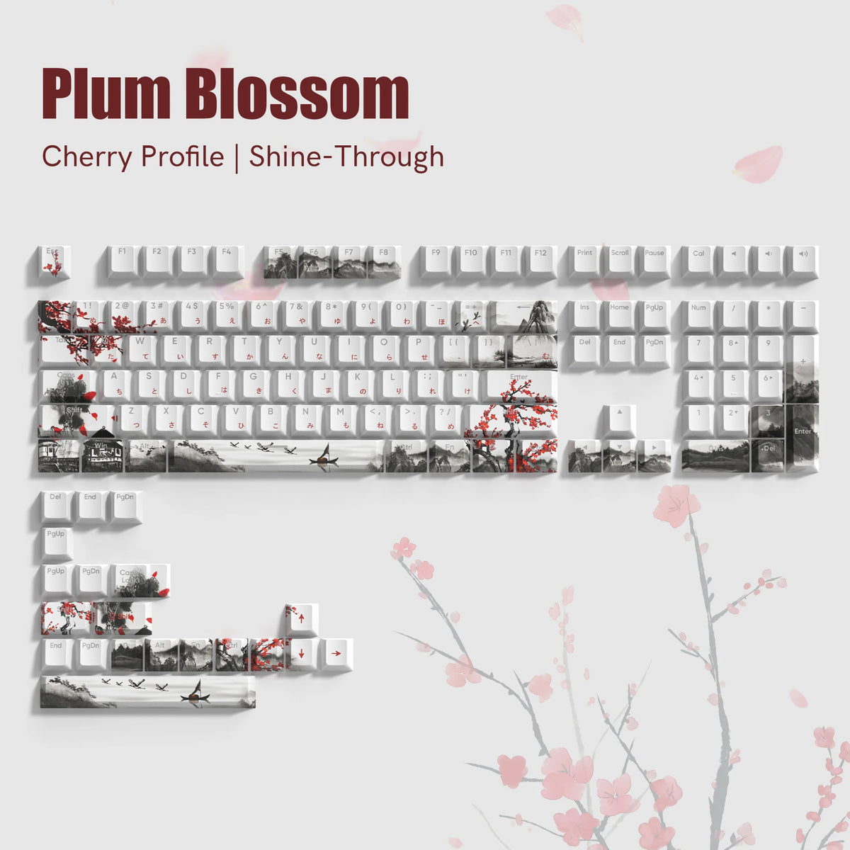 Plum Blossom Japanese RGB Backlit Keycaps 5 Sides Dye Sublimation PBT Keycaps Cherry Profile for MX Switches Gaming Keyboard