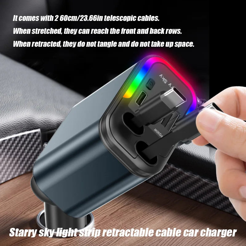 4-in-1 Car Charger with 2 Retractable Cable 180W Fast Charger Power Adapter Car Charger With Starlight For IOS Android Phones