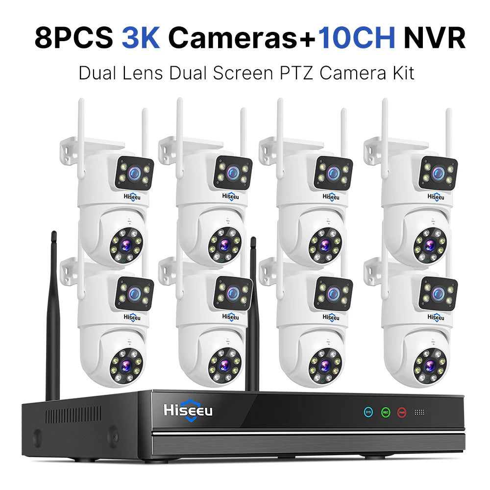 Hiseeu H.265 10CH NVR 3K 6MP Surveillance System Dual Lens Smart PTZ IP Camera Color Night Vision Auto Tracking WiFi CCTV System