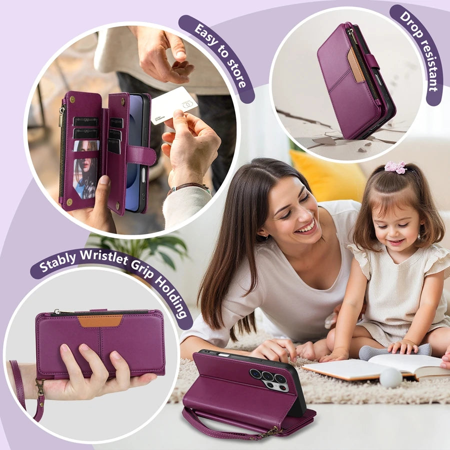 Wallet Multi-card Slot Zipper Kickstand Magnetic Flip Leather Case For Samsung Galaxy S26 Ultra S25 FE S24 Plus S23 S22 S21 S20