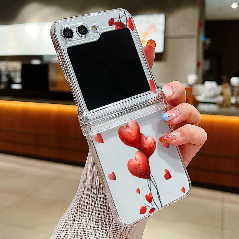 Transparent Love Flower Phone Case For Samsung Galaxy Z Flip8 Flip7 FE Flip 8 7 6 5 4 3 5G Flip5 Flip6 Shockproof Hard PC Cover