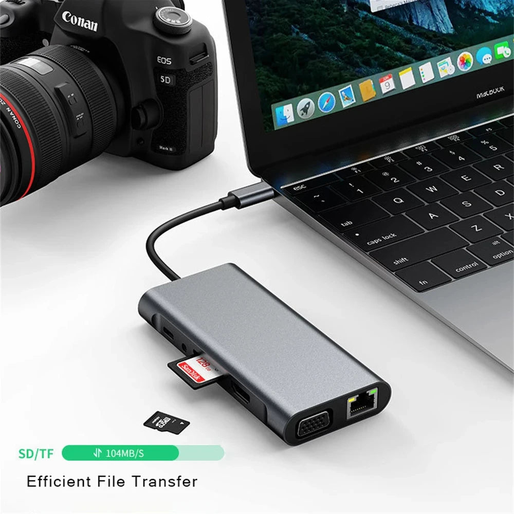 11 In 1 Usb C Hub For Macbook Air Pro, Compatible Type C To Hdmi,Usb3.0 Rj45, 11 Port Base With Pd, Tf, Sd, Aux, Splitter 3.0