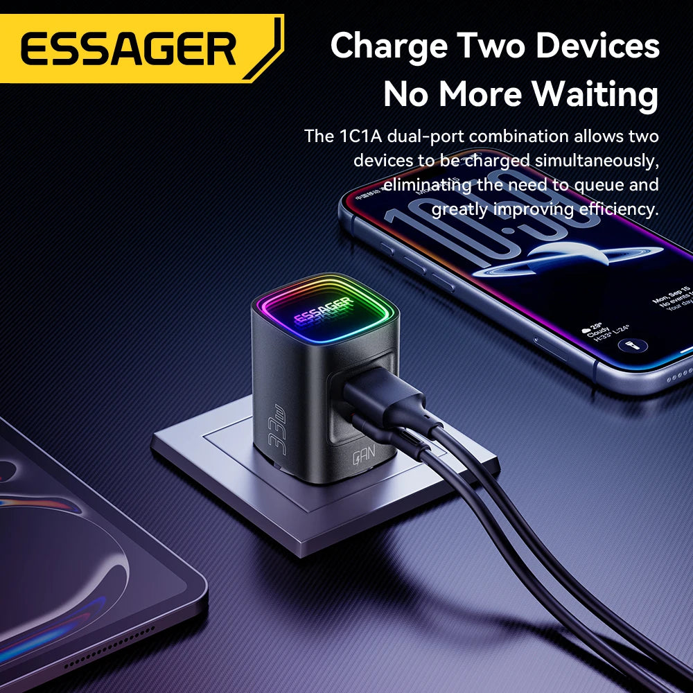 Essager GaN 33W USB Type C Charger Portable PD Fast Charger For iPhone 17 16 15 14 Pro Max iPad Xiaomi Samsung S25 RGB Charger