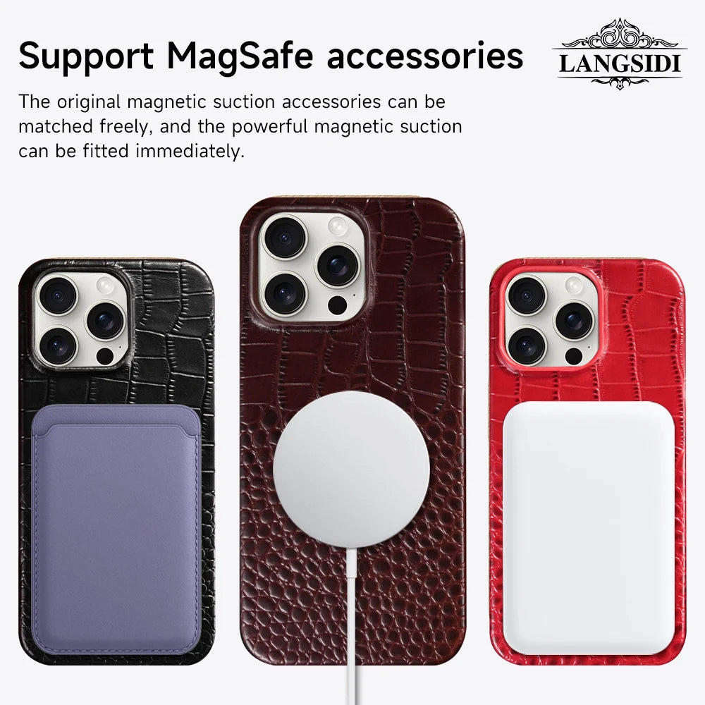 for Magsafe Case for iPhone 15 16 17 Pro Max Air 16Pro 17Pro Natural Cowhide Leather Magnetic Protector Luxury Phone Back Cover