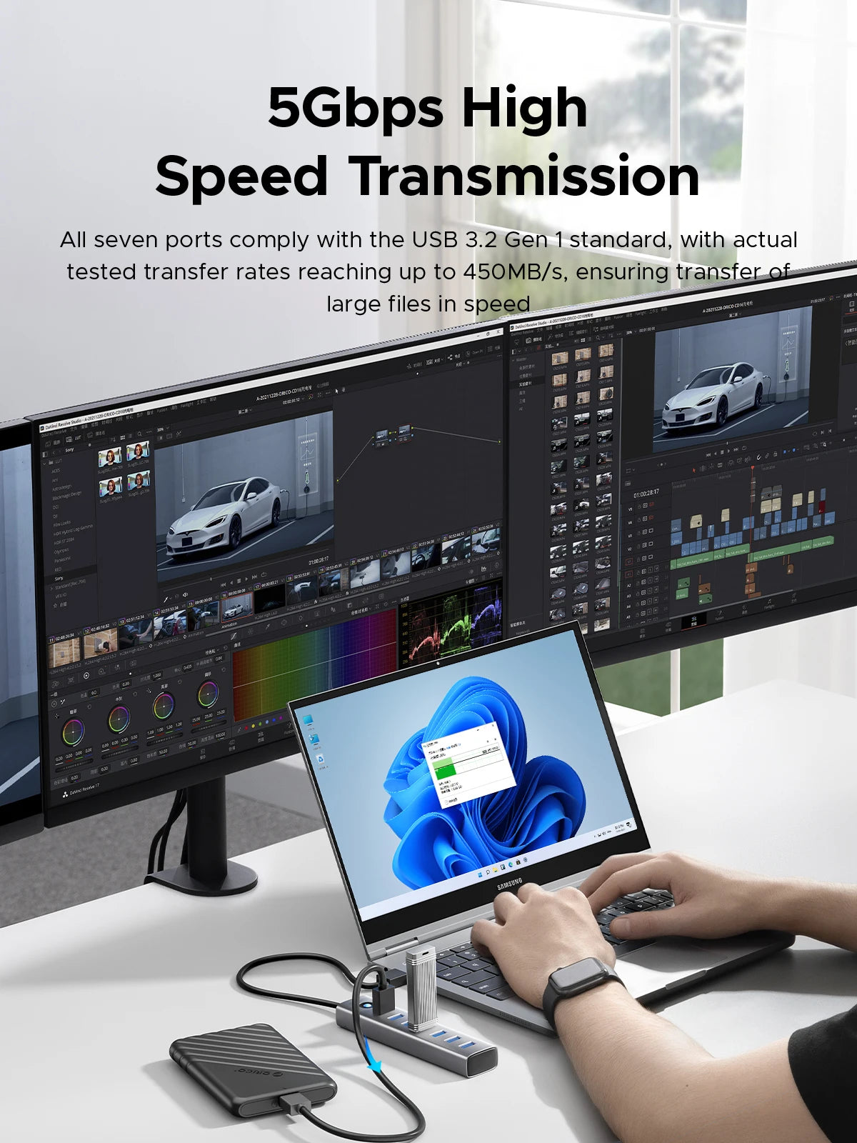 ORICO 7 IN 1 USB 3.0 Hub 5Gbps Type -C Docking Station for Surface Macbook Laptops USB 3.0 7-Port HUB PC USB Adapter Spliter