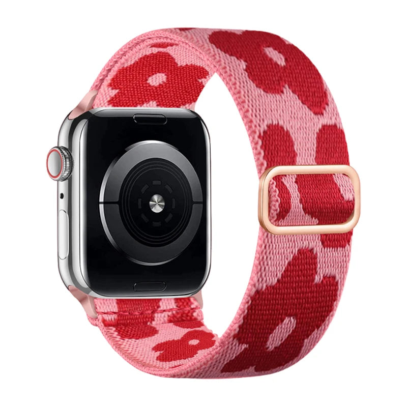 Soft Breathable Stretchy Nylon Solo Loop Band with Love/Flower Pattern - Elastic Braided, Compatible For Apple Watch 38mm-49mm