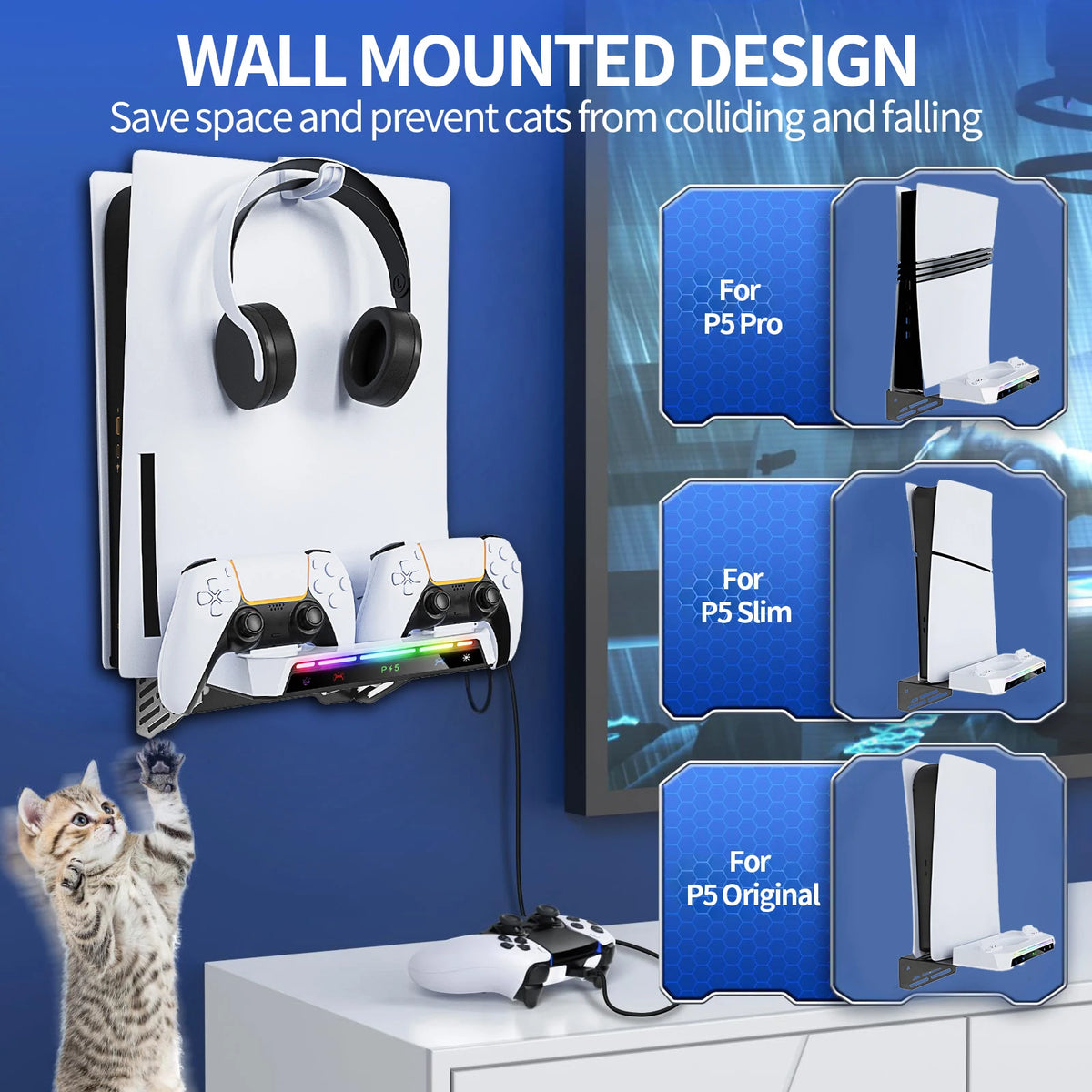 Wall Mount Kit For PS5/ Pro/ Slim Console with RGB Light Charging Station Headset Hanger For PS5 Dual Controller Accessories