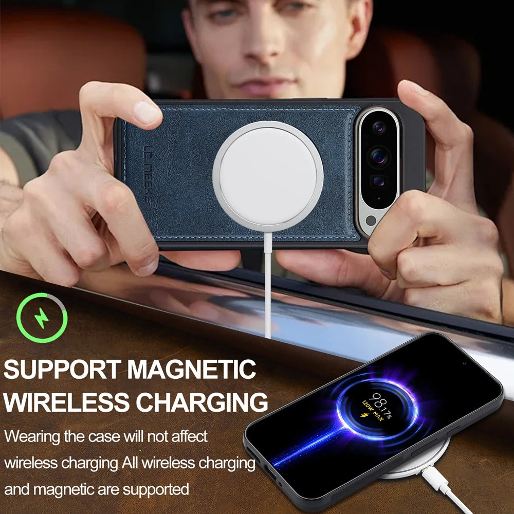 2 in 1 Leather Case for Google Pixel 10 10Pro 10A 9 9Pro 9A 8 8Pro 8A 7 7A Pro XL ProXL Cards Bag Wireless Charging Phone Cover