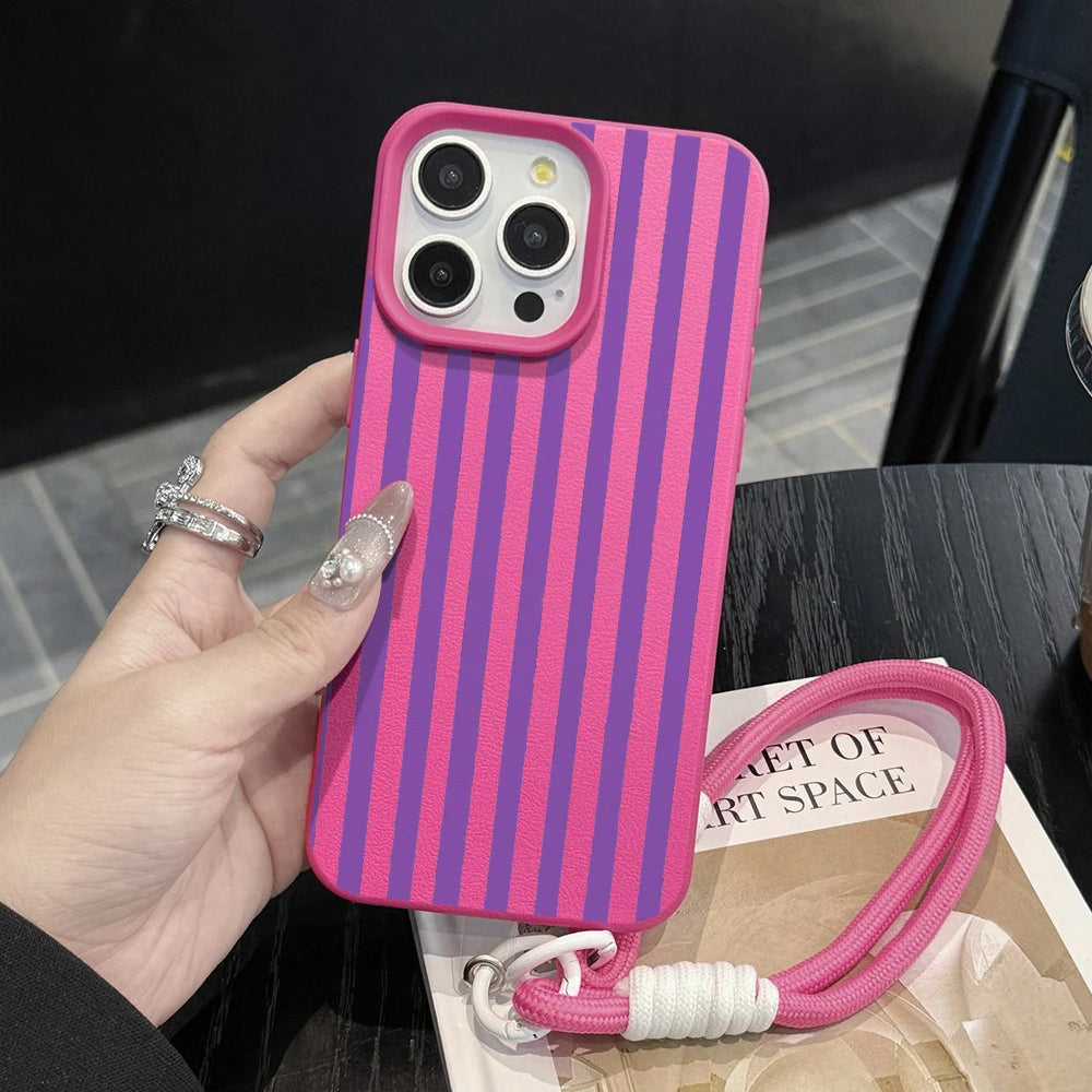 Couple Stripes Hand Wrist Strap Phone Case For iPhone 17 13 11 12 Pro Max Plus 15 14 16 XR XS 17 Air With Lanyard SIlicone Cover