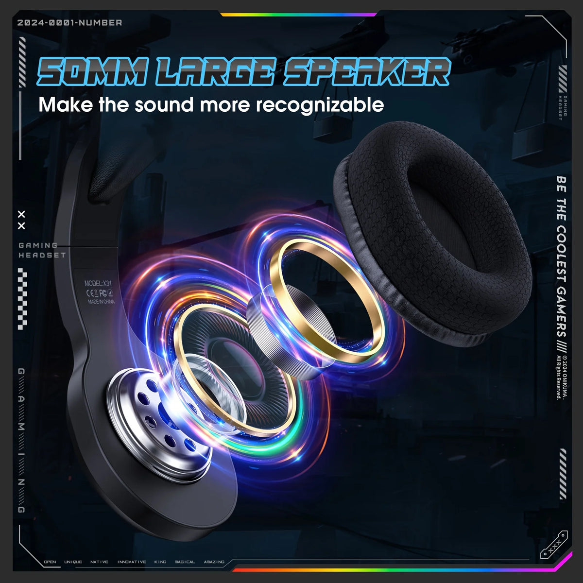 Onikuma X31 Gaming Headset Gaming headphones 3.5 mm speaker 50mm RGB power supports PC/Mobile/Console