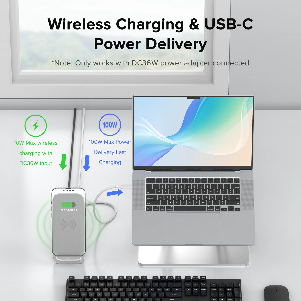 PULWTOP 8-IN-1 Laptop Docking Station, 10W Max Wireless Charging Pad, 4K@60Hz HDMI Display ,5 USB Ports PD100W RJ45, 36W DC