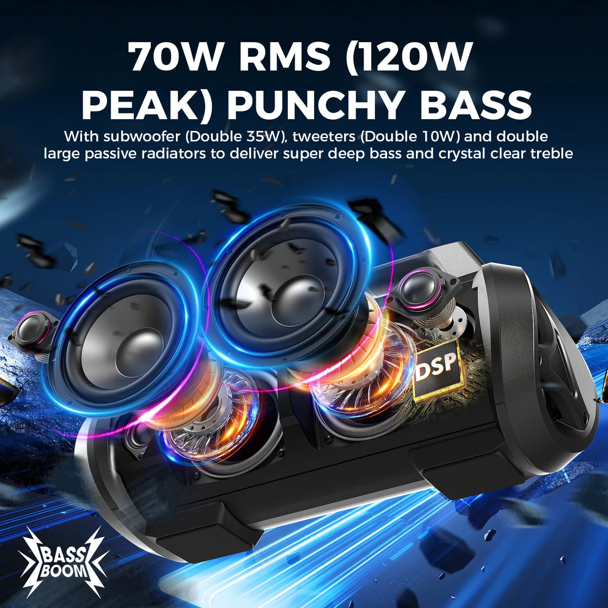 W-KING 70W RMS Bluetooth Portable Speaker, Speaker Wireless Loud IPX6 Waterproof Bluetooth Speakers with Subwoofer/Bass Boost