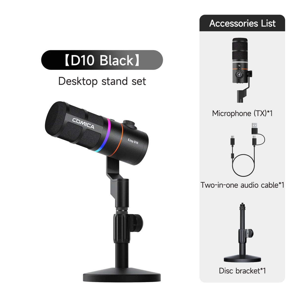 COMICA D10/D10 PRO RGB Cardioid USB/XLR Dynamic Desktop Gaming Mic Wired/Wireless Microphone for Streaming Interview Podcast