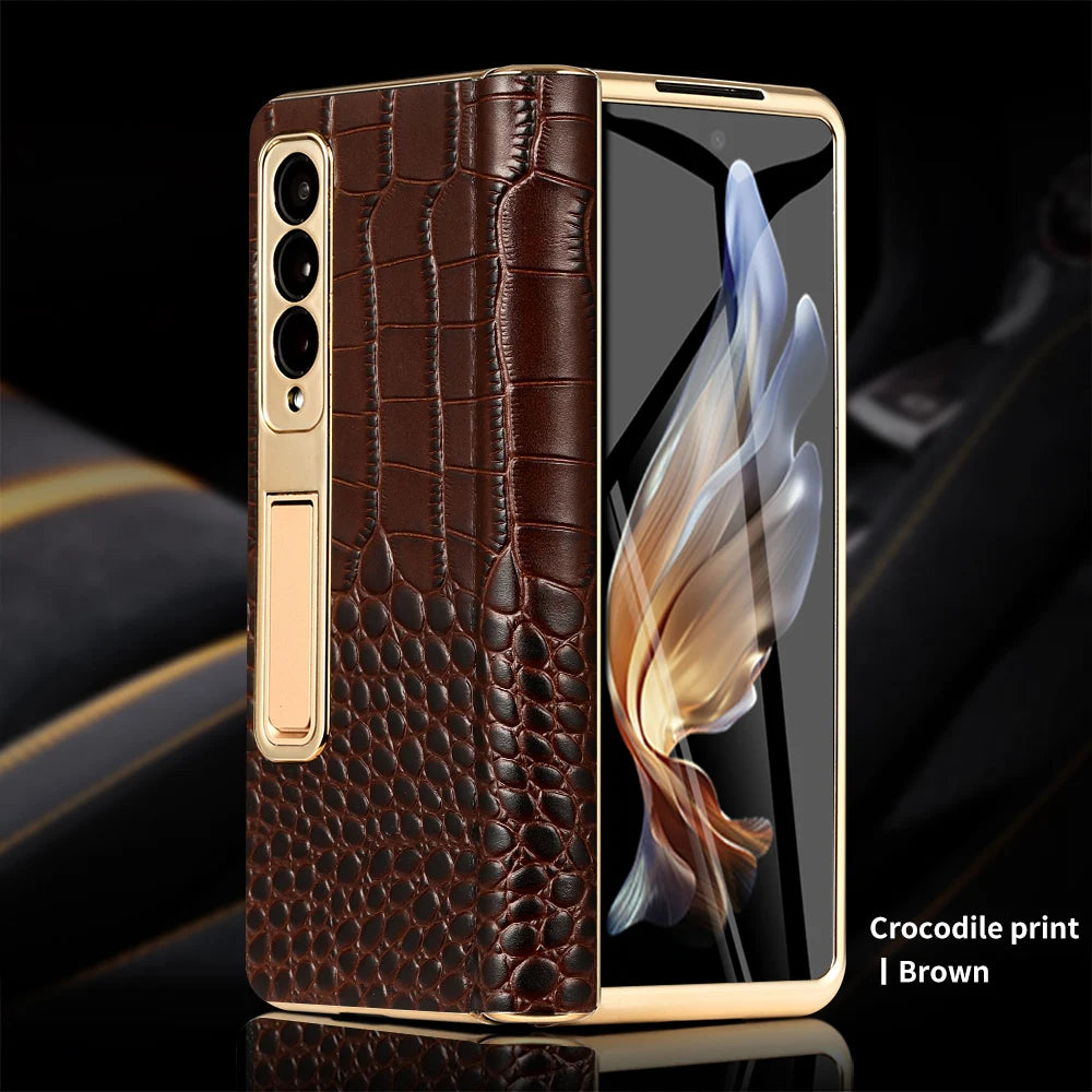 Leather Flip Case for Samsung Galaxy Z Fold 7 6 5 4 3 8 Fold8 ULtra Fold7 Plating Magnetic Hinge Stand Cover with Mirror Film