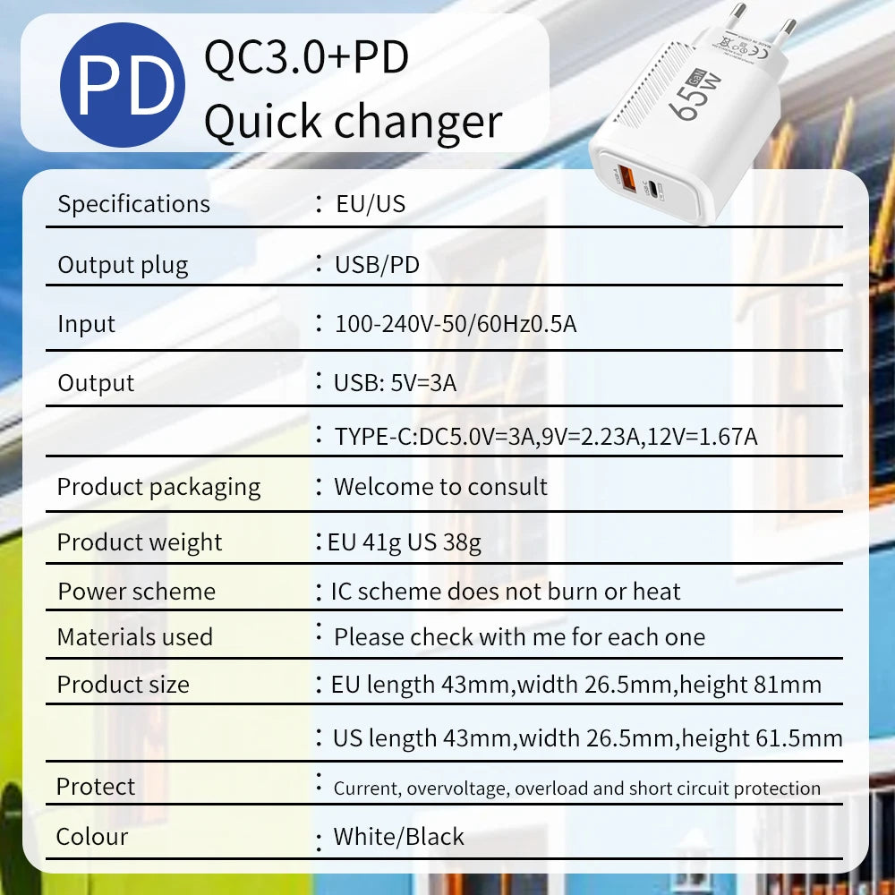 65W USB-C Charger GaN Fast Charging PD Type C Cable Mobile Phone Adapter For iPhone 16 Xiaomi Samsung Xiaomi QC 3.0 Wall Charger