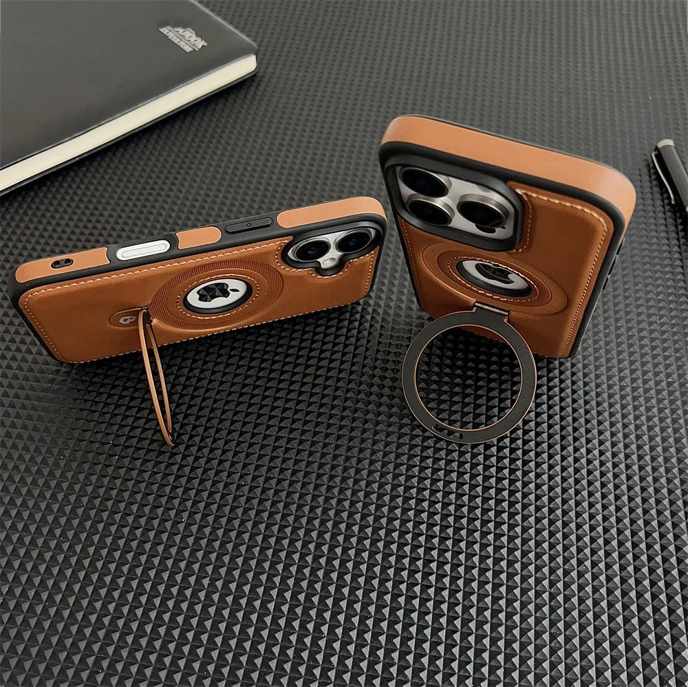 Luxury Leather Magnetic Ring Holder Case For iPhone 16 Pro Max 15 14 Plus 13 12 For Magsafe Hollow Logo Bracket Business Cover