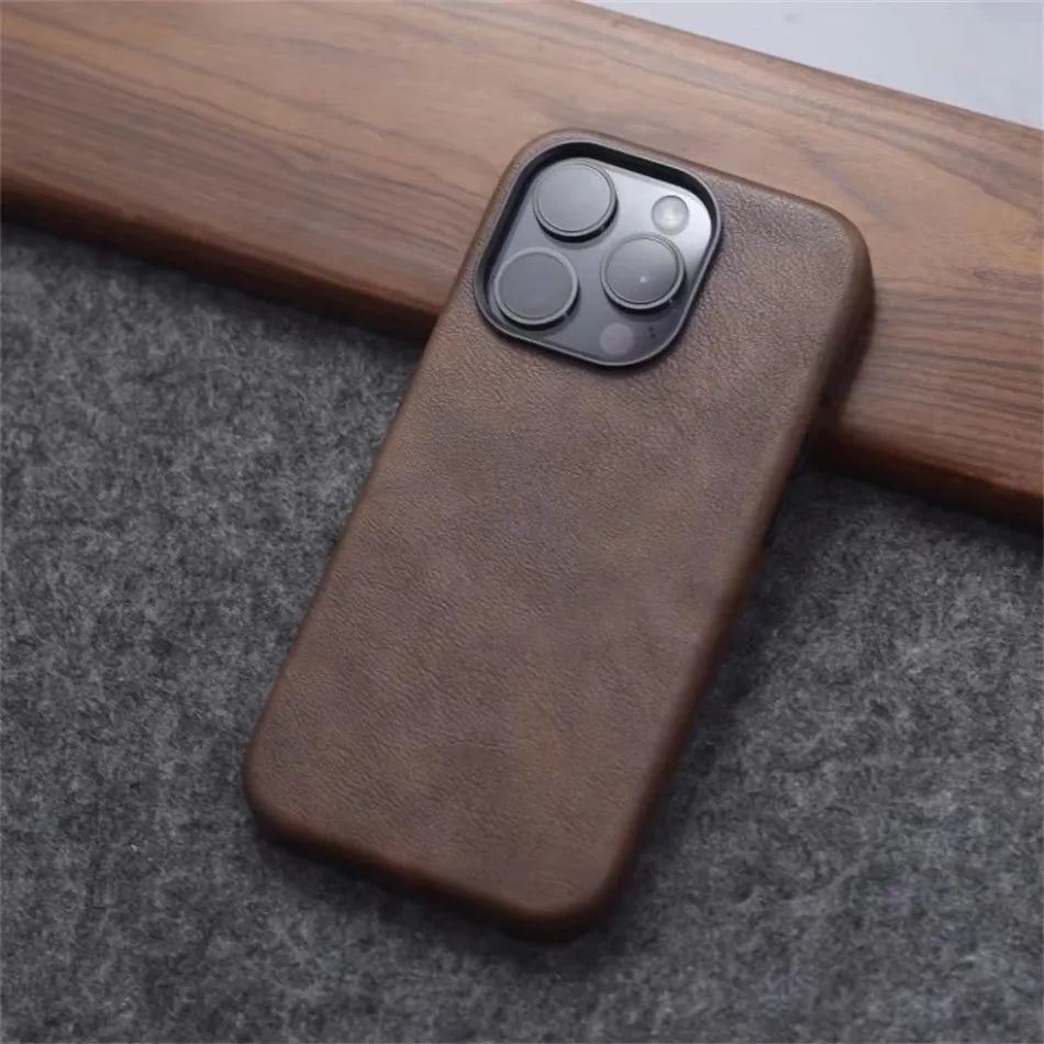 Retro Crazy Horse Leather for MagSafe Case For iPhone 18Pro 15 14 13 12 17 Pro Max Simple Leather Texture Magnetic Phone Case