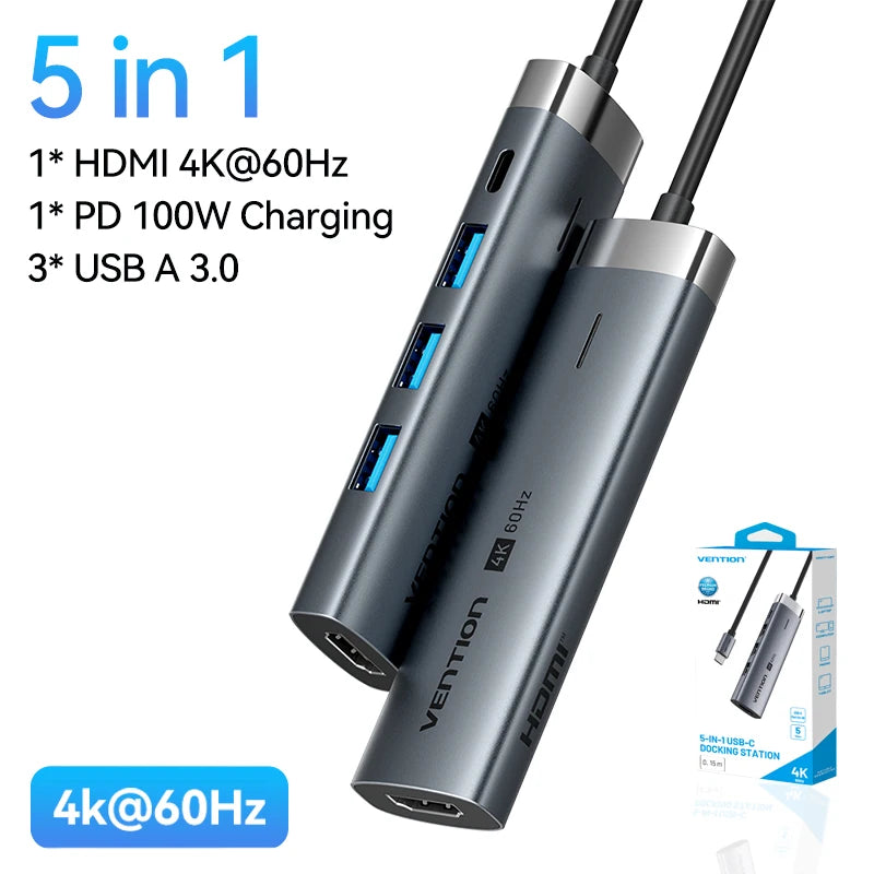Vention 5 in 1 USB C 4K 60Hz HDMI HUB USB 3.0 HUB PD 100W Multiport Docking Station Adapter for MacBook Dell iPhone iPad Android