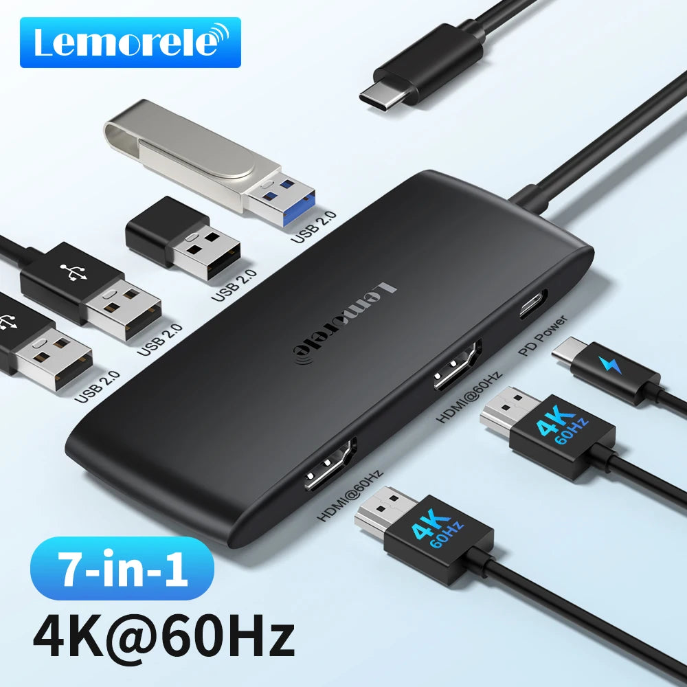 Lemorele TC510 7-in-1 USB-C Docking Station USB Hub Adapter USB C to Dual HDMI 4K@60Hz for Windows MacBook Air Laptop
