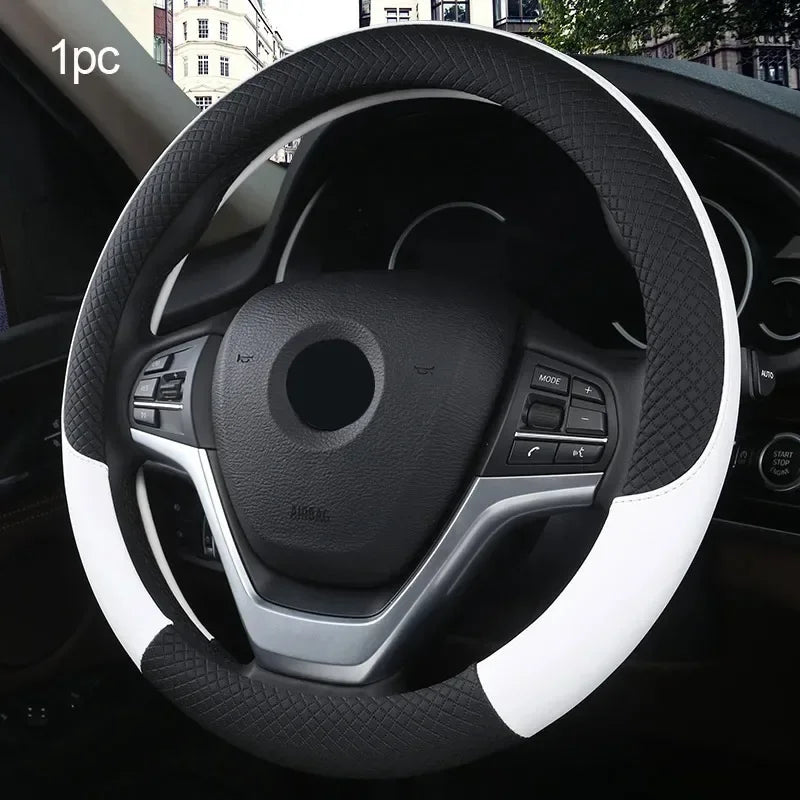 Perforated Nappa Leather Car Steering Wheel Cover Warm in Winter and Cool in Summer, Universal 15 Inch, Anti-Slip, Odorless