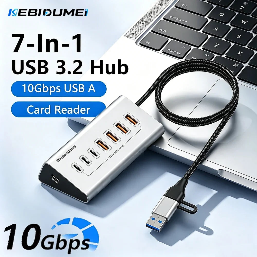 KEBIDUMEI 10Gbps 7 In 1 Docking Station USB 3.2 GEN 2 HUB Data Transfer Adapter USB Splitter Computer Accessories For PC Laptop