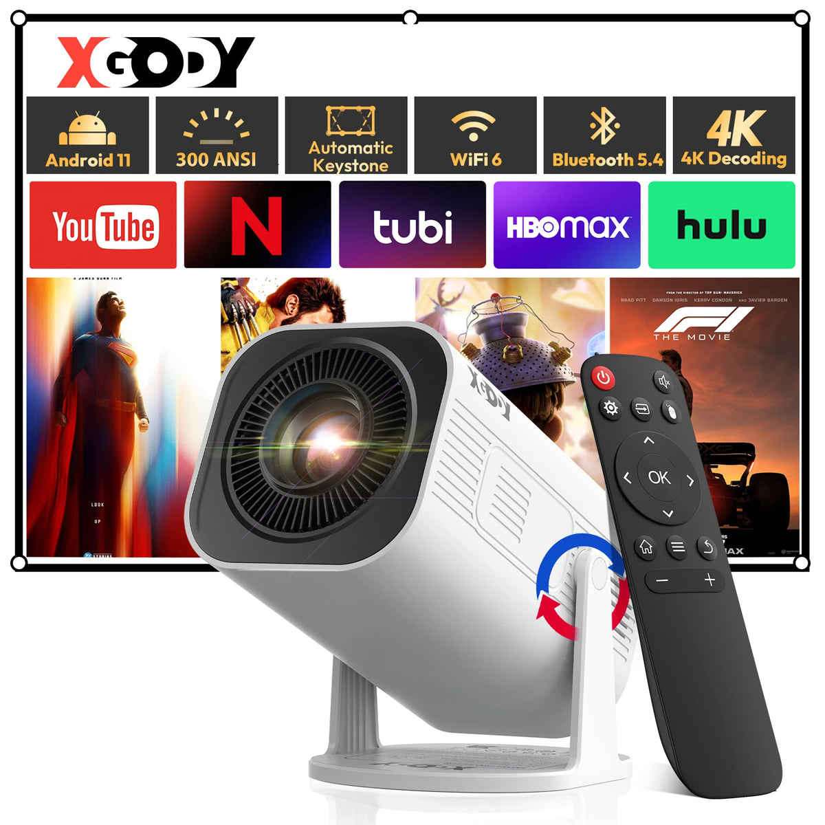 XGODY Gimbal 3 Pro Mini Portable Projector, Native 720P 300 ANSI 4K Supported, Android 11 WiFi 6 BT 5.4, Auto Vertical Keystone Correction, 120 Inch Backyard Travel Movie Gaming Projector with HDMI USB