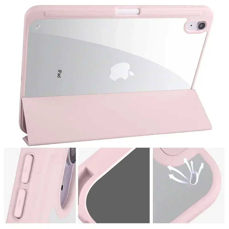 For iPad 10th Gen Case with Pen Holder Trifold Acrylic Clear Back Hard Cover For iPad 10.2 9.7 Air 11 5 4 iPad 11 A16 10 9 Case