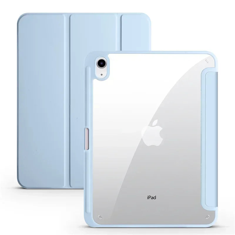 For iPad 10th Gen Case with Pen Holder Trifold Acrylic Clear Back Hard Cover For iPad 10.2 9.7 Air 11 5 4 iPad 11 A16 10 9 Case