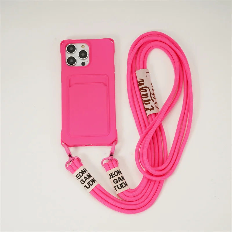Strap Case For iPhone 17 Pro Max 16 15 14 12 11 13 Mini Plus Air Shockproof Silicone Card Slot Crossbody Necklace Lanyard Cover