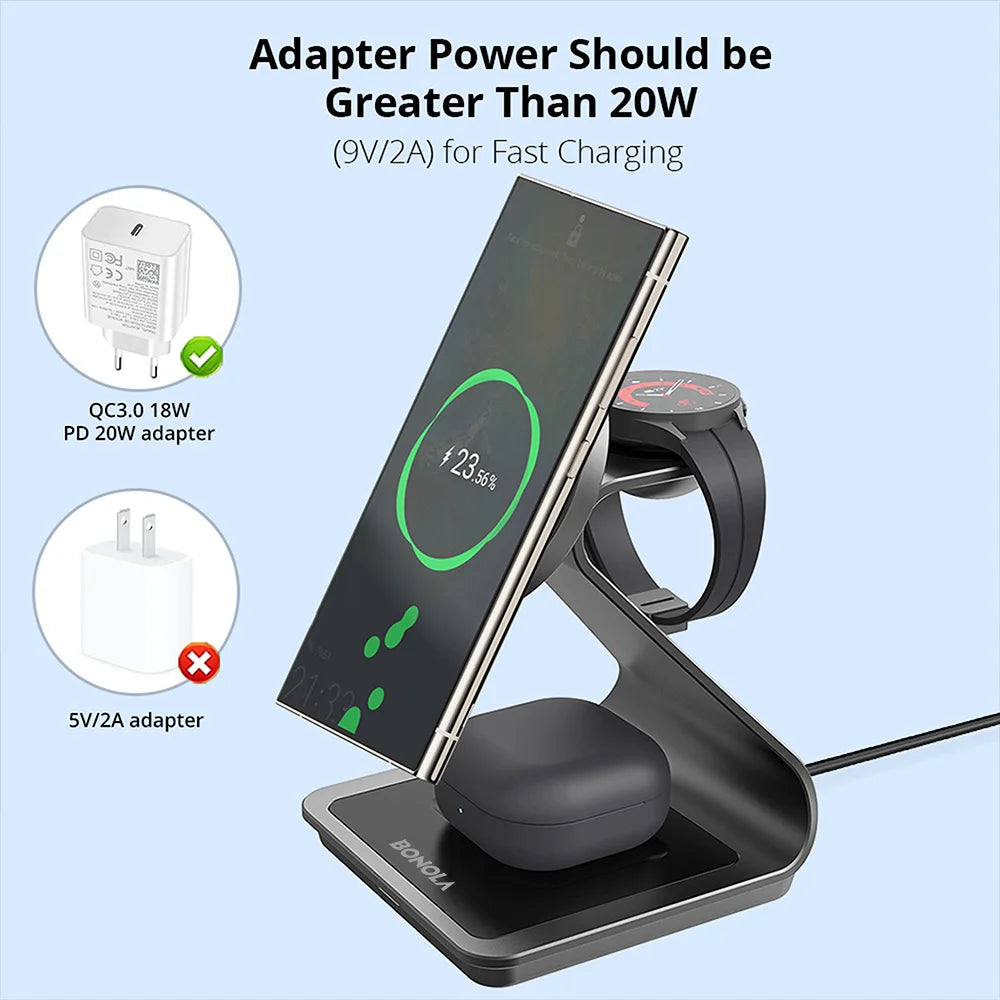 Bonola Magnetic 3 in 1 Wireless Charger Station for Samsung S24 Ultra/S25/26 Fast Charging Stand for Galaxy Watch 8/7/6/Earbuds