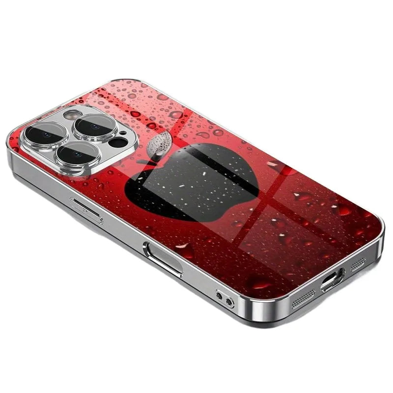 Advanced Lucky Red Water Drop Apple Pattern For iPhone Case for 11/12/13/14/15/16/17 Pro MAX Plating Silver Glass Design