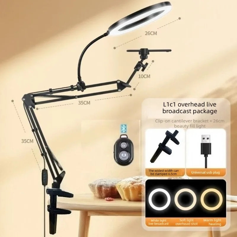 Mobile Phone Live-streaming Stand with Desktop and Bedside Fill Light for Nail Art and Food Live-streaming Photography