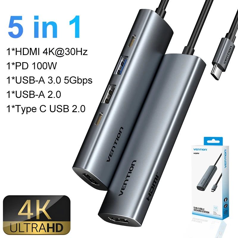 Vention 5 in 1 USB C 4K 60Hz HDMI HUB USB 3.0 HUB PD 100W Multiport Docking Station Adapter for MacBook Dell iPhone iPad Android