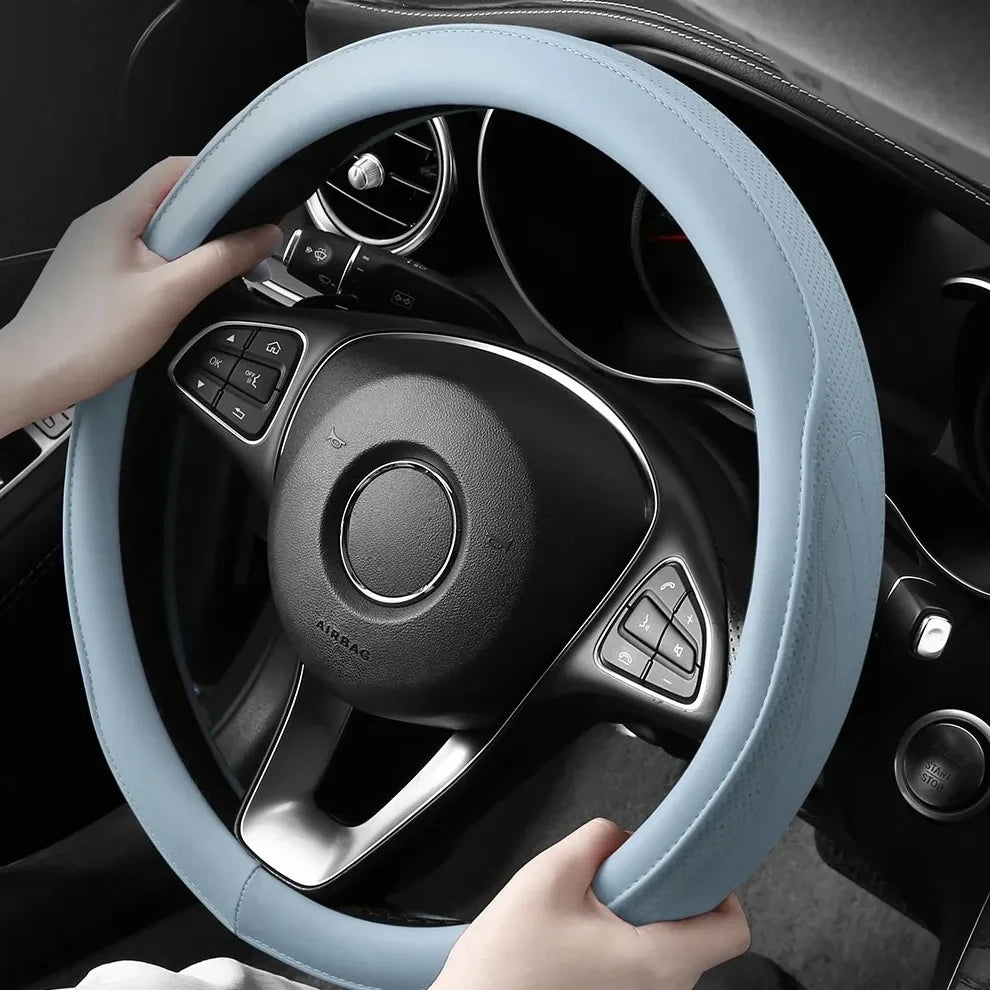 Embossed PU Leather Patchwork Car Steering Wheel Cover, Non-slip, Breathable, Universal 15 Inch (Approx. 38cm)