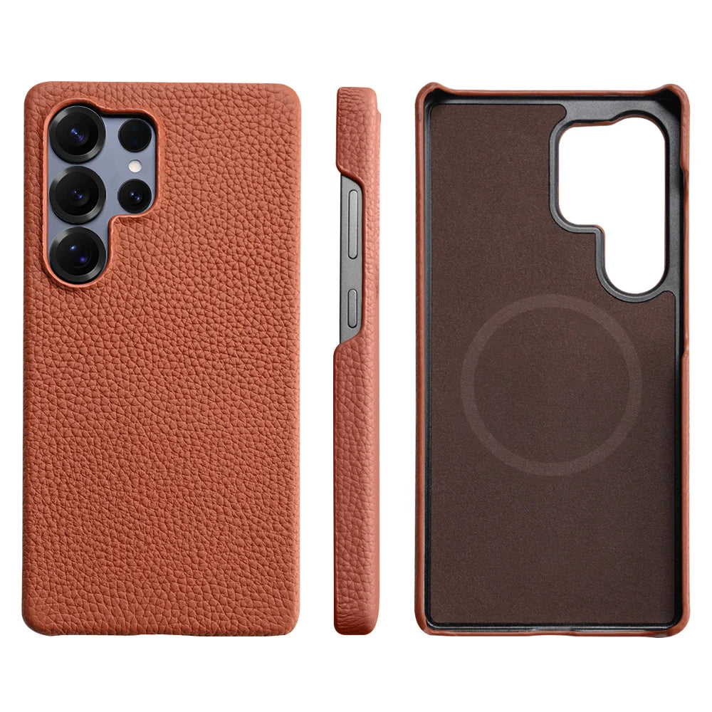 for Magsafe Case for Samsung Galaxy S26 S25 Ultra S24 Plus Natural Cowhide Lychee Leather Magnetic Protector Luxury Phone Cover