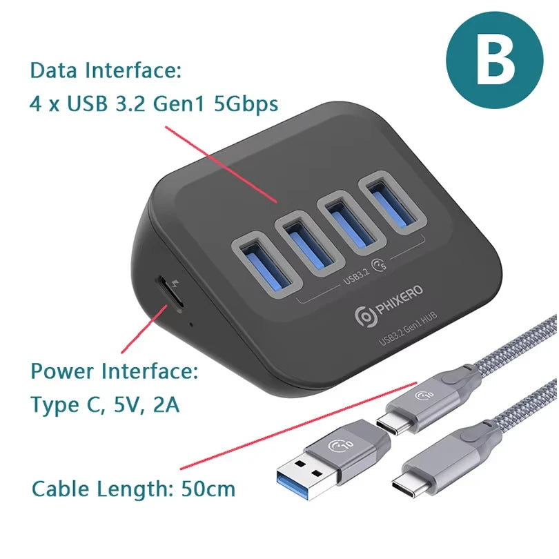 PHIXERO USB 3.2 Docking Station Hub 10Gbps Splitter Switch Dock Multi Port SD Card Socket Type C Gen2 for Surface PC Laptop 3.0