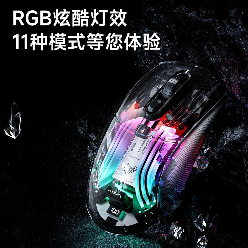 AULA SC630 Transparent Wireless Gaming Mouse Tri Mode Magnetic Charging Base RGB Lighting Battery Display For PC Gamer Office