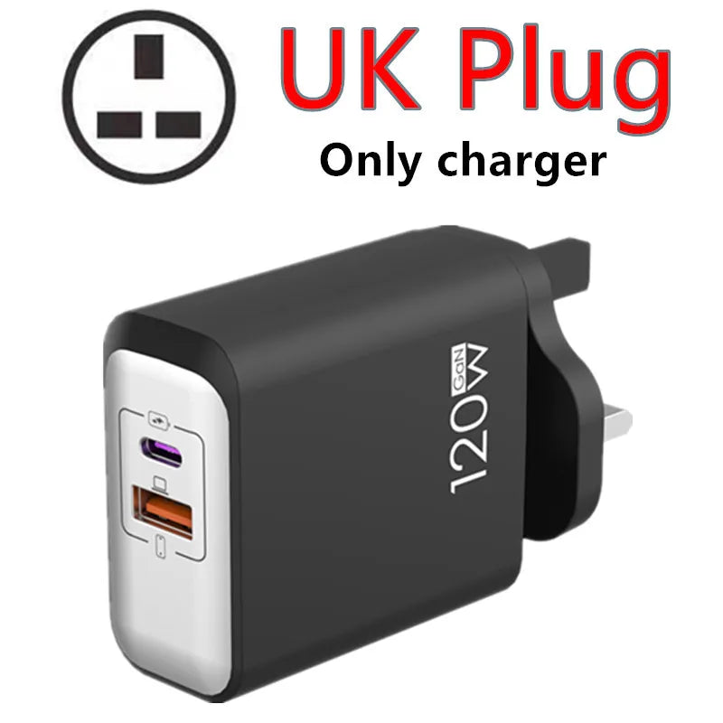 120W GaN USB C QC 3.0 Fast Charger Quick Charging PD Charger EU US UK Wall Power Adapter For iPhone Samsung Xiaomi Huawei iPad