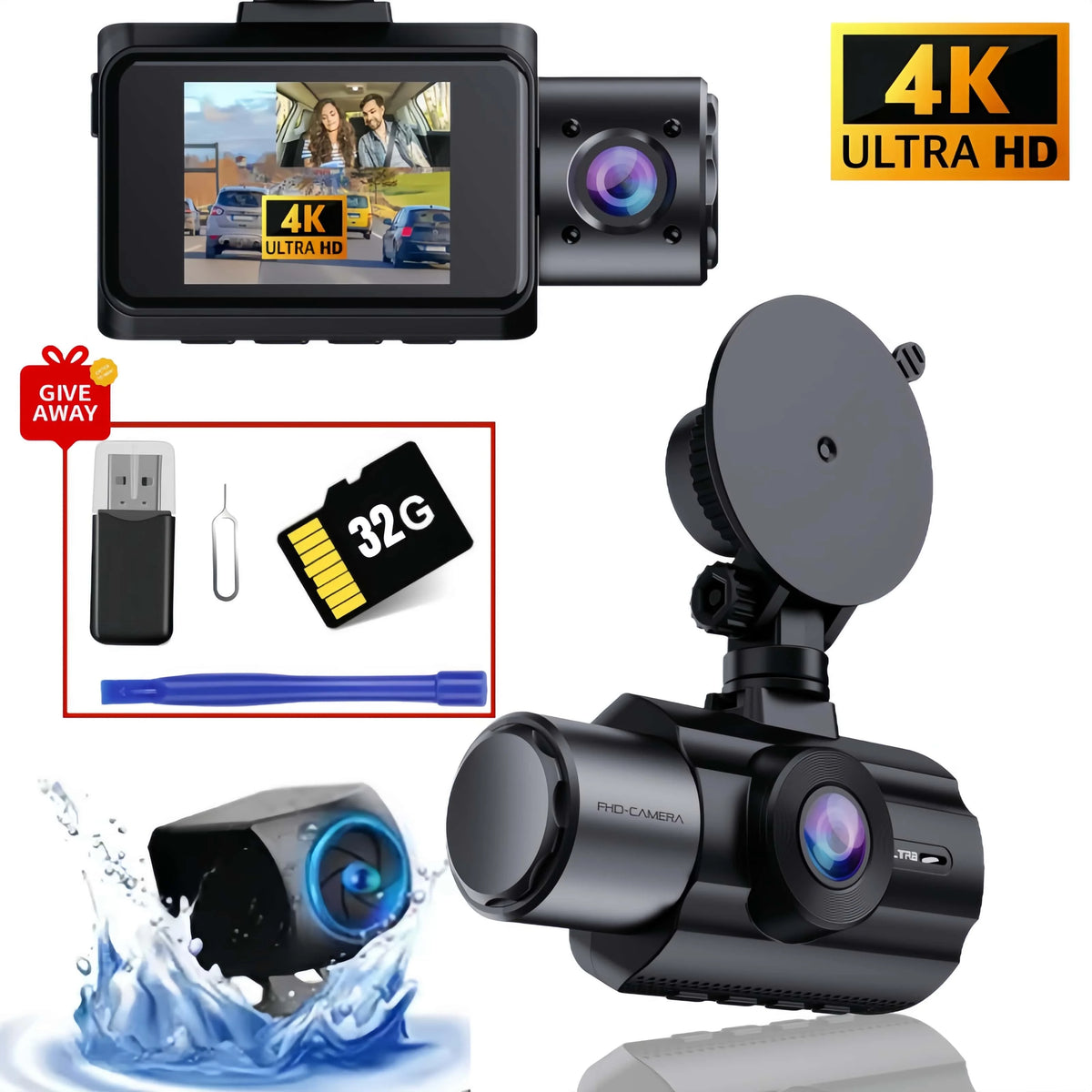 3 Channel Car DVR UHD 4K Dash Cam Three Way Camera DVRs Recorder Video Registrator Dashcam Camcorder Wiht 32G Card-Gift