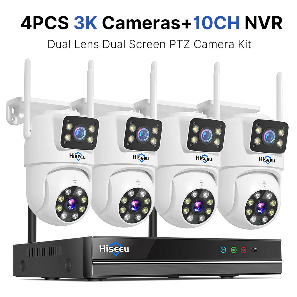 Hiseeu H.265 10CH NVR 3K 6MP Surveillance System Dual Lens Smart PTZ IP Camera Color Night Vision Auto Tracking WiFi CCTV System