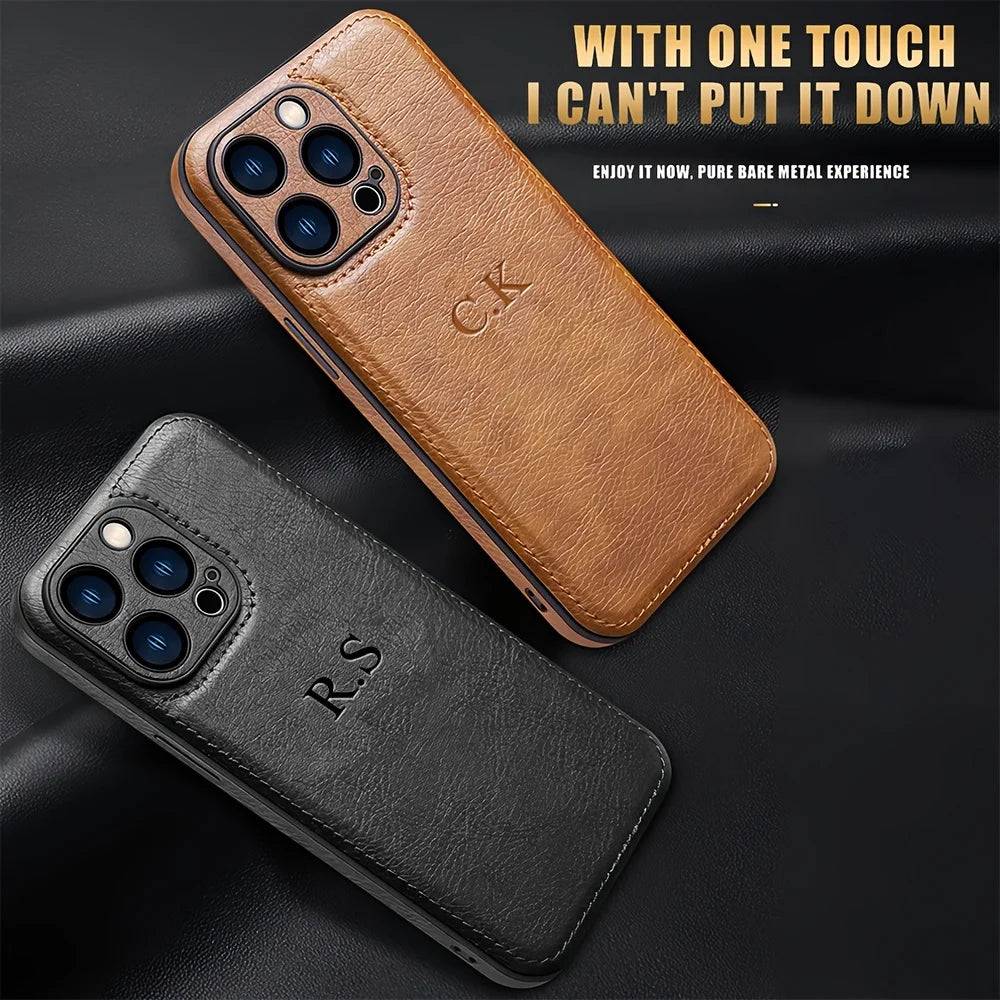Personalized Custom Name Phone Case For iPhone 15 14 13 12 11 Pro Max 15 14 Plus Luxury Cowhide Leather Protection Back Cover