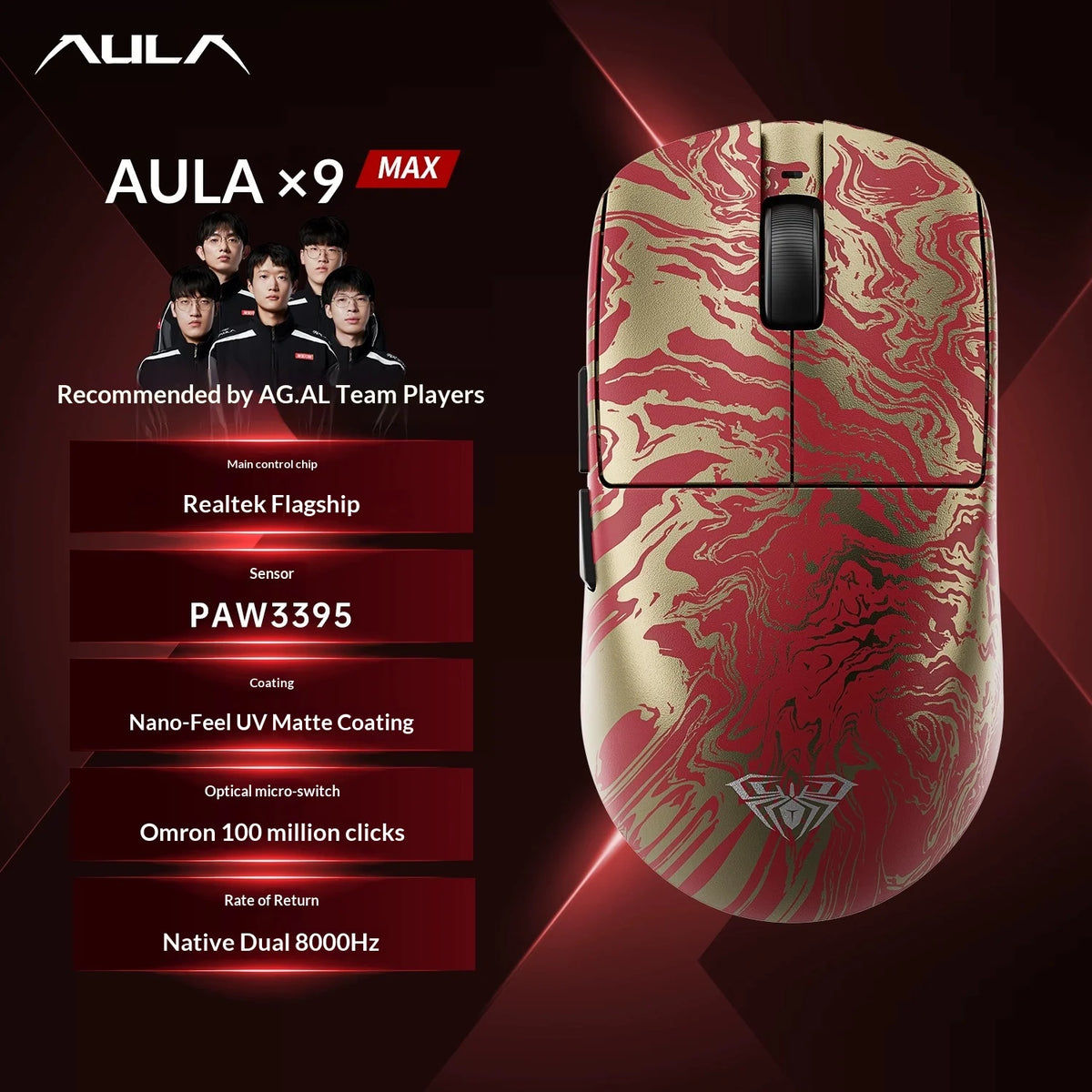 AULA X9 Max Ultra Gaming Mouse Wireless Tri Mode Lightweight Dual 8KHz 500mAh PAW3950 Ergonomic Esports Mouse Gaming Accessories