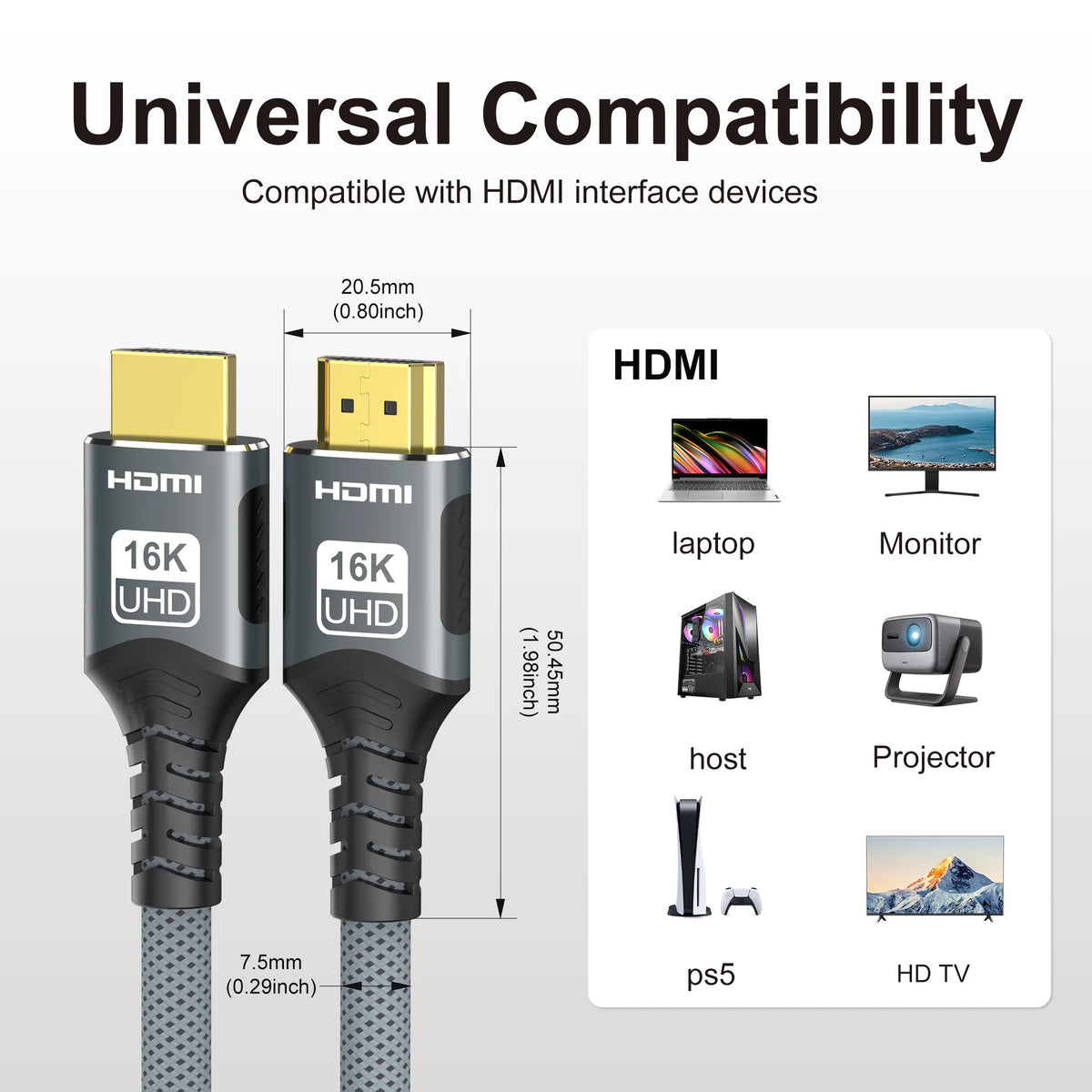 16K@60Hz HDMI 2.2 Cable compatible with 8K/4K HDMI supporting 8K@120Hz high-speed video for PS4/5 TVs laptops and monitors
